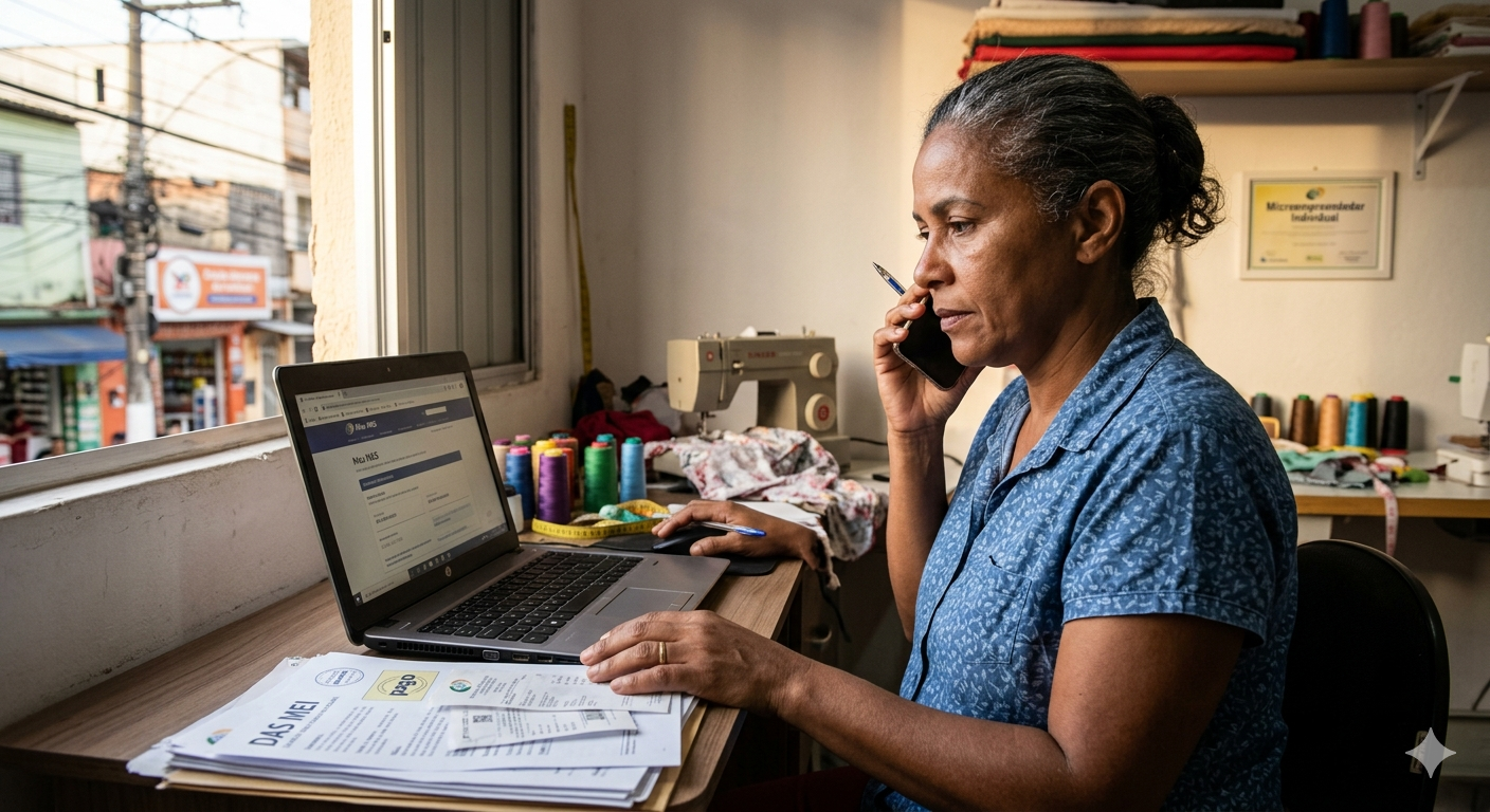 Mulher empreendedora consultando guia do MEI e INSS