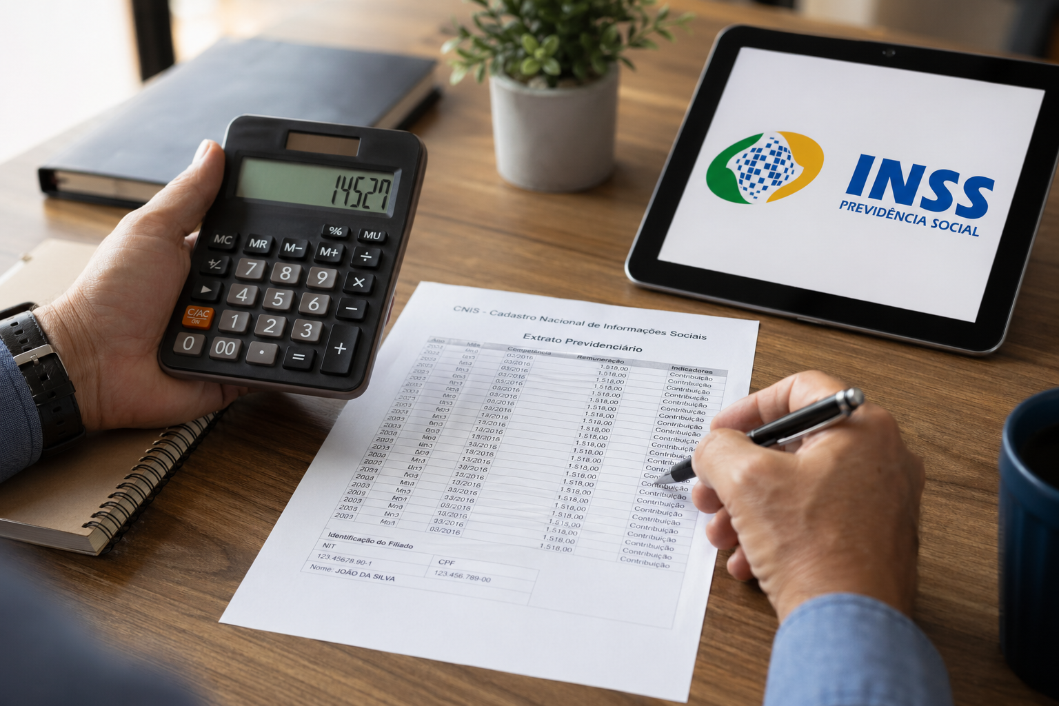 Calculadora e documentos previdenciários sobre a mesa - Inforeview Pro