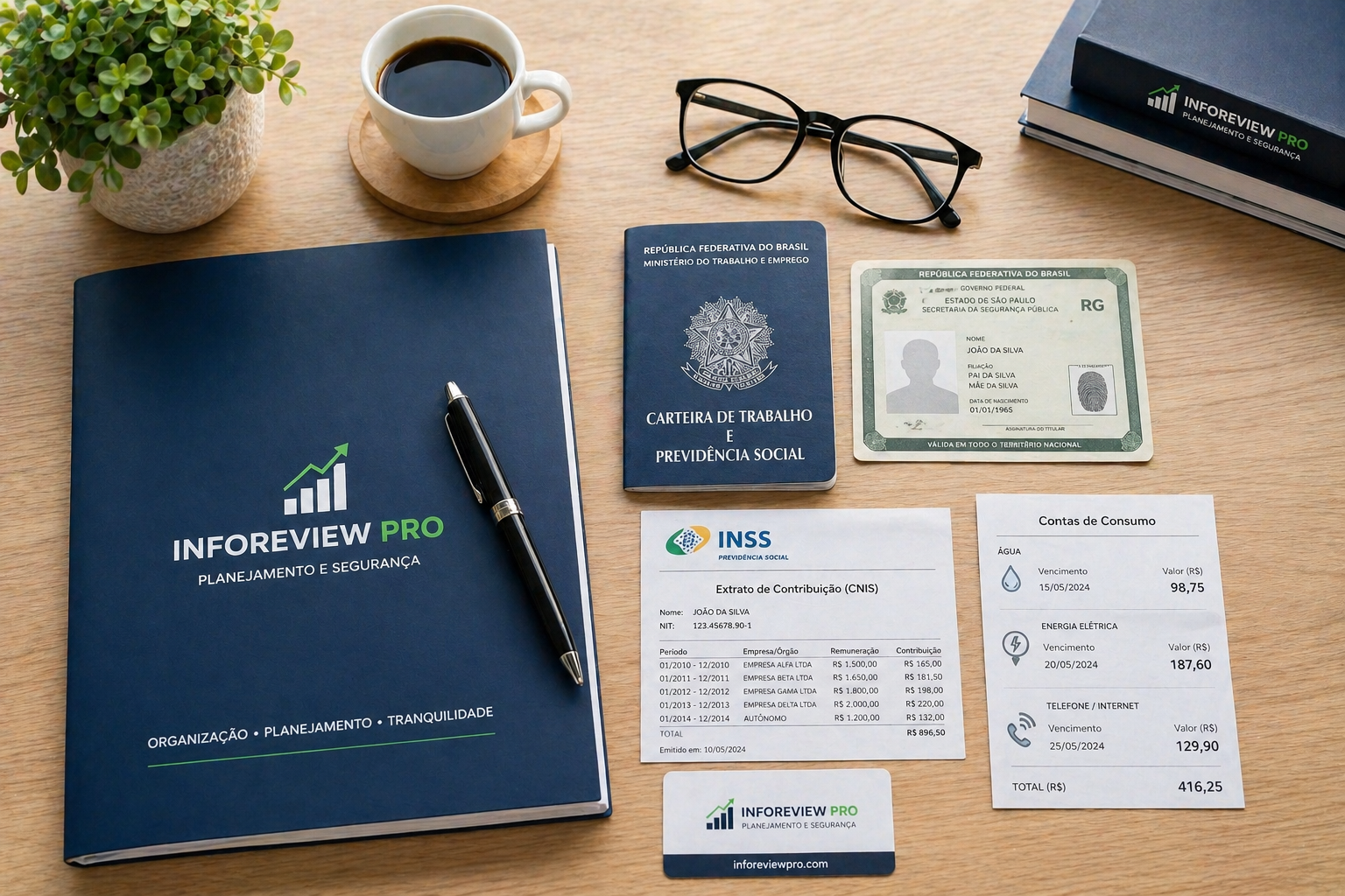 Pessoa organizando pastas e documentos organizadamente sobre uma mesa - Inforeview Pro