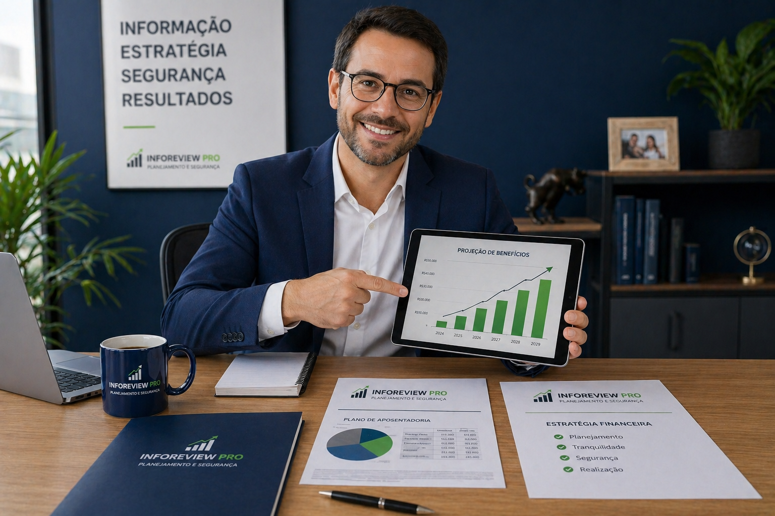 Especialista analisando gráficos e tabelas de planejamento previdenciário - Inforeview Pro