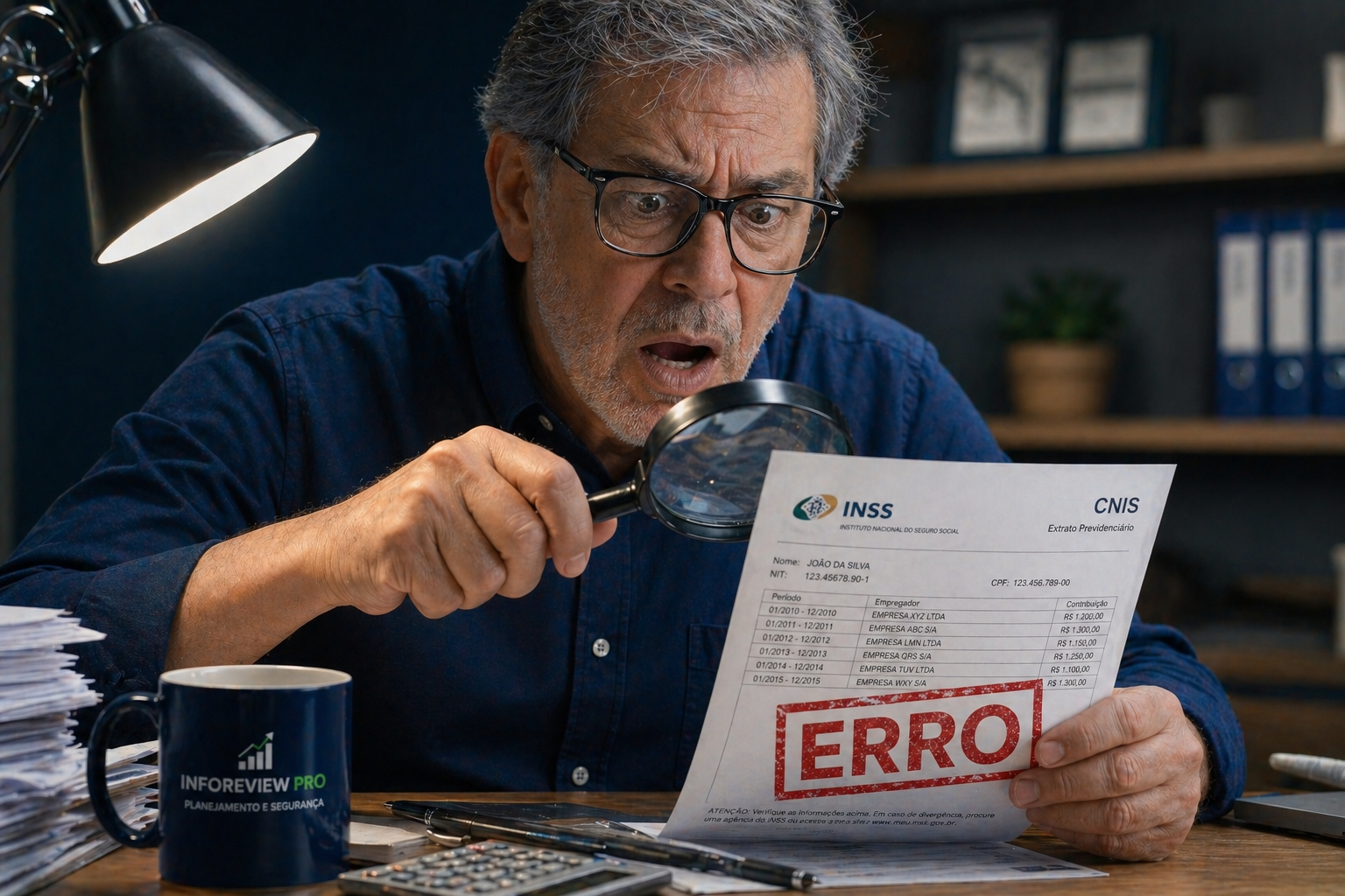 Homem preocupado analisando documentos do INSS com uma lupa - Inforeview Pro