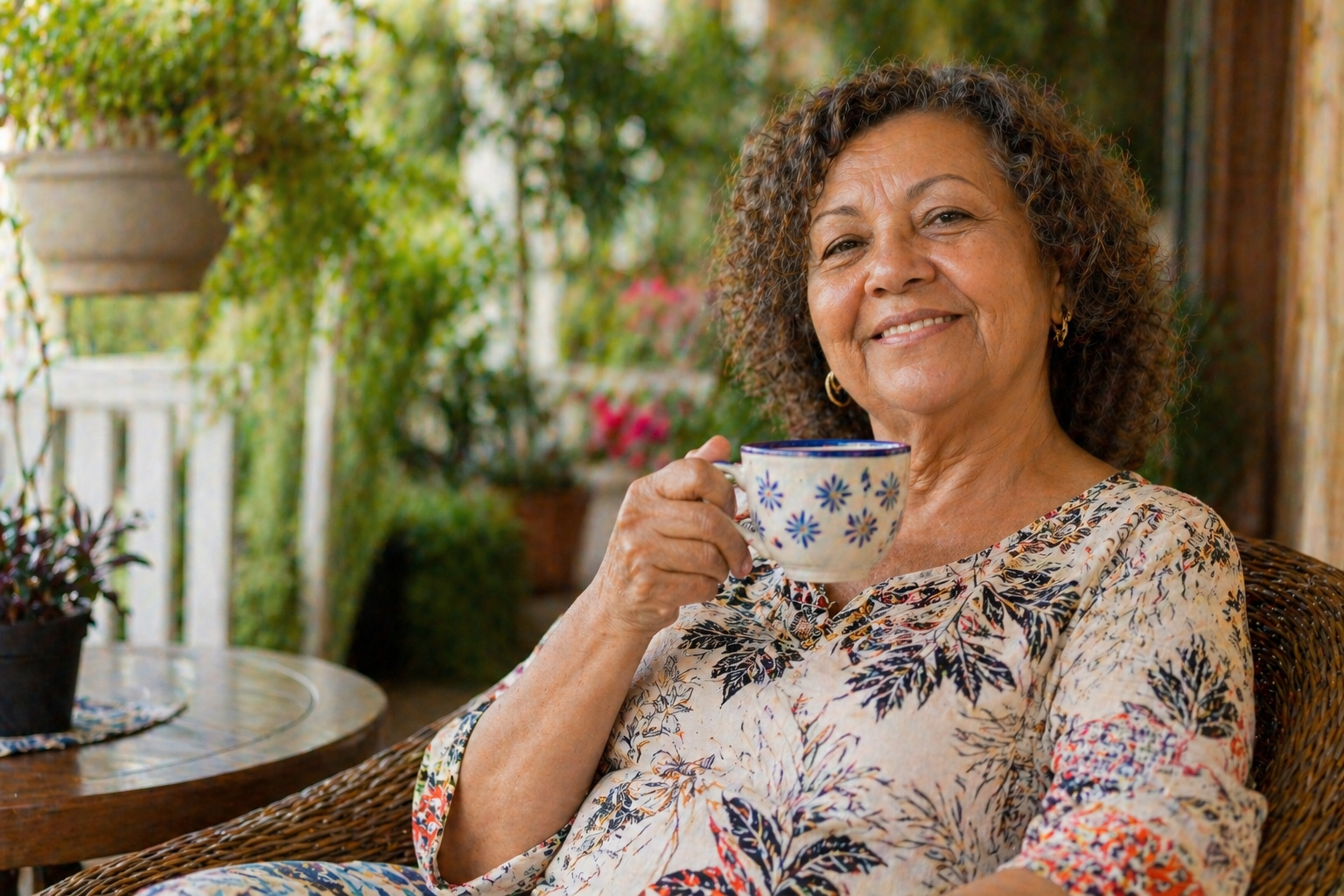 Idosa sorridente segurando um cartão de benefício em frente a uma casa simples - Inforeview Pro