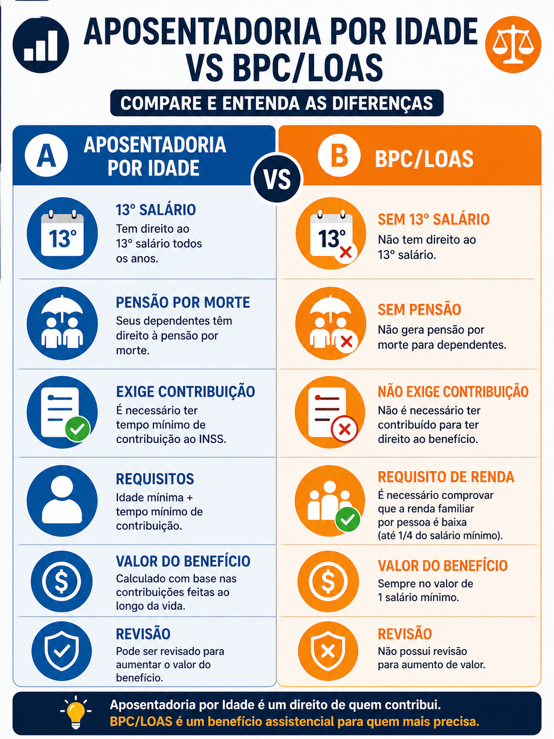 Infográfico: Diferenças entre Aposentadoria por Idade e BPC/LOAS em 2026